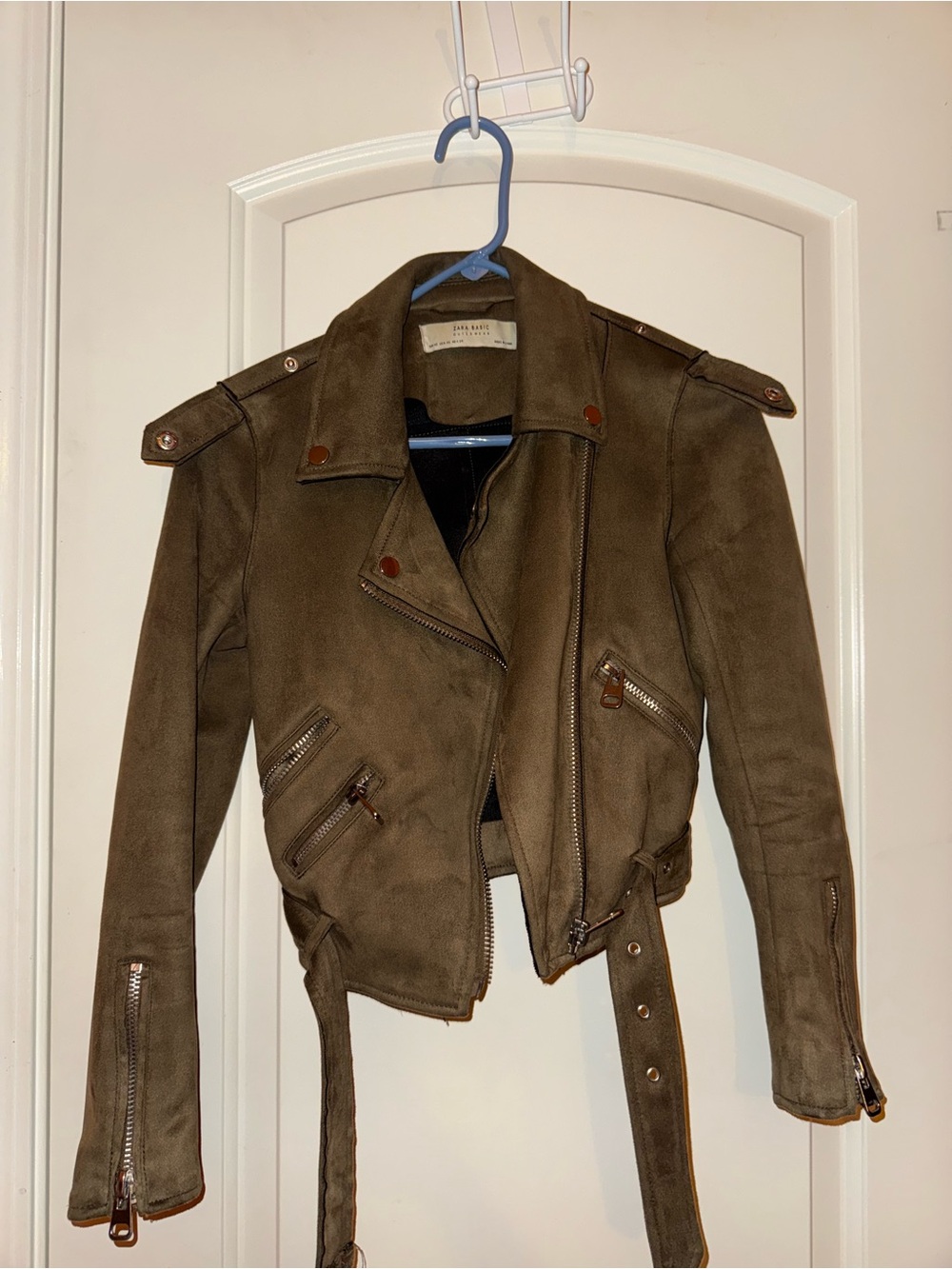 Zara brown suede leather jacket with zipper details